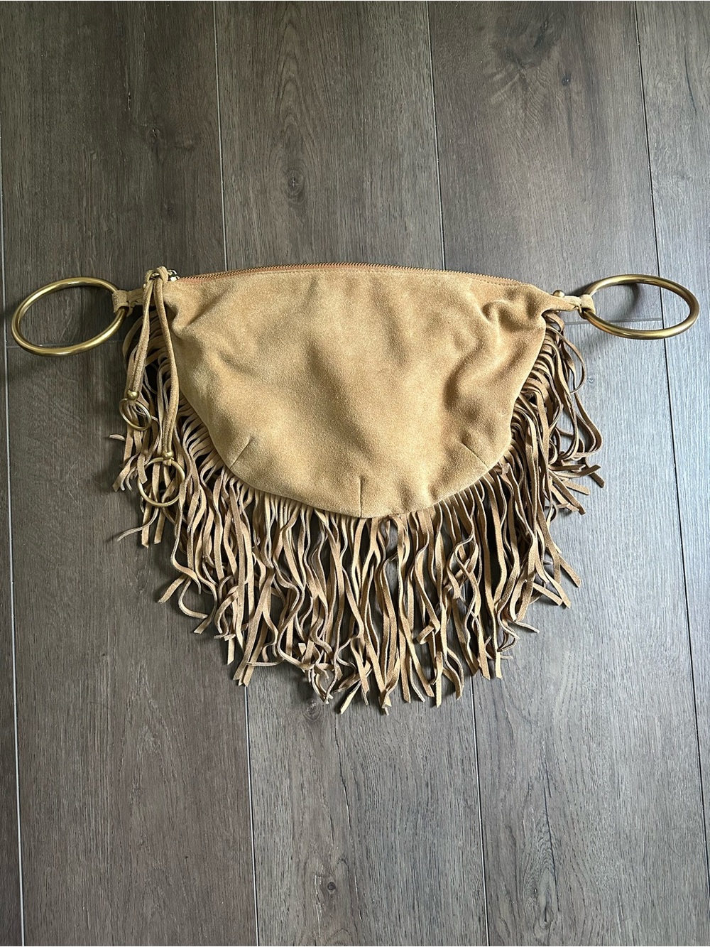 Rebecca Minkoff Tan Suede Fringe Clutch with Brass Rings 100% Leather